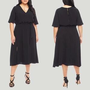 New Dress The Population Lydia V-Neck Blouson Midi Dress Black Women XL NWT